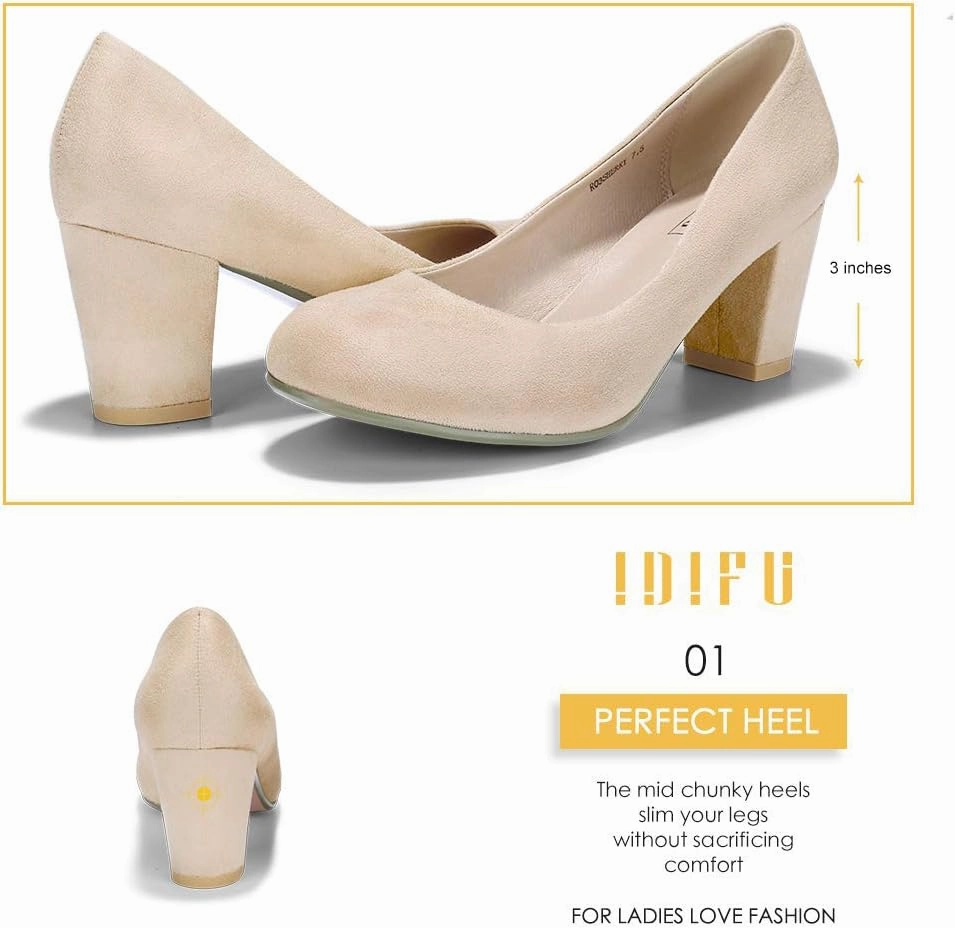 IDIFU Women's Sherry Dress Low Block Chunky Heels Pumps Closed Round Toe Shoes for Wedding Office Evening