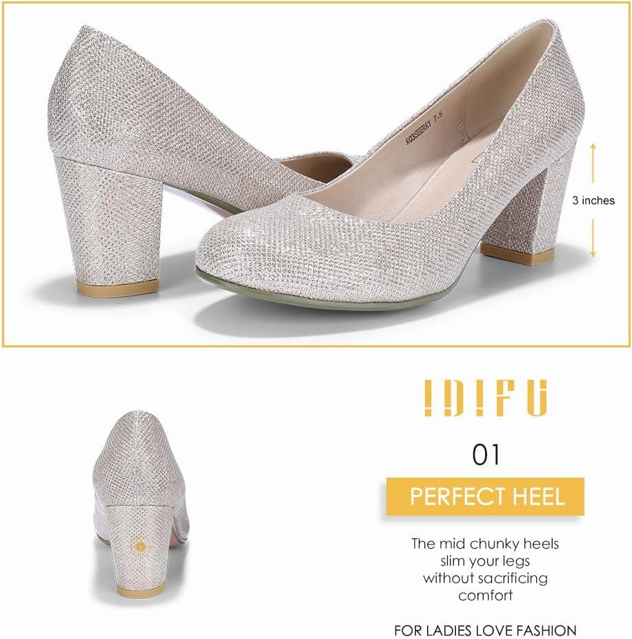 IDIFU Women's Sherry Dress Low Block Chunky Heels Pumps Closed Round Toe Shoes for Wedding Office Evening
