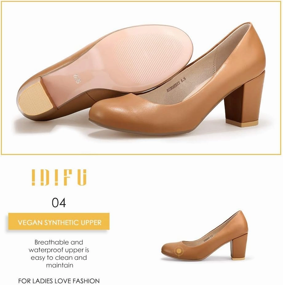 IDIFU Women's Sherry Dress Low Block Chunky Heels Pumps Closed Round Toe Shoes for Wedding Office Evening