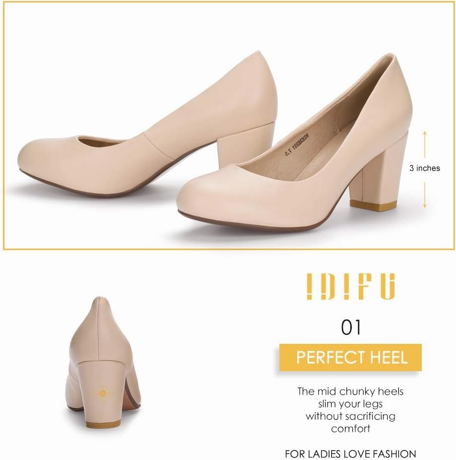 IDIFU Women's Sherry Dress Low Block Chunky Heels Pumps Closed Round Toe Shoes for Wedding Office Evening