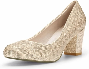IDIFU Women's Sherry Dress Low Block Chunky Heels Pumps Closed Round Toe Shoes for Wedding Office Evening