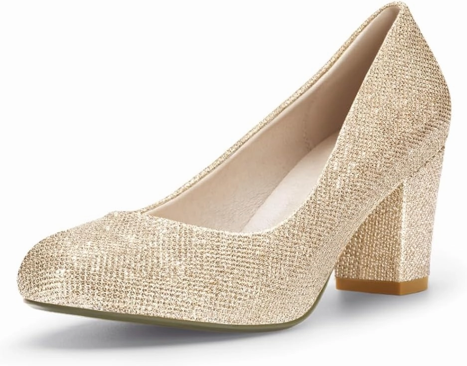 IDIFU Women's Sherry Dress Low Block Chunky Heels Pumps Closed Round Toe Shoes for Wedding Office Evening