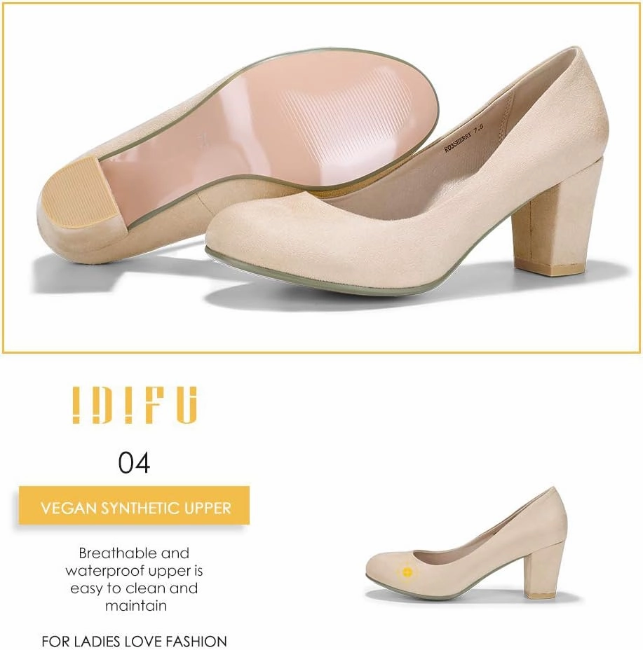 IDIFU Women's Sherry Dress Low Block Chunky Heels Pumps Closed Round Toe Shoes for Wedding Office Evening