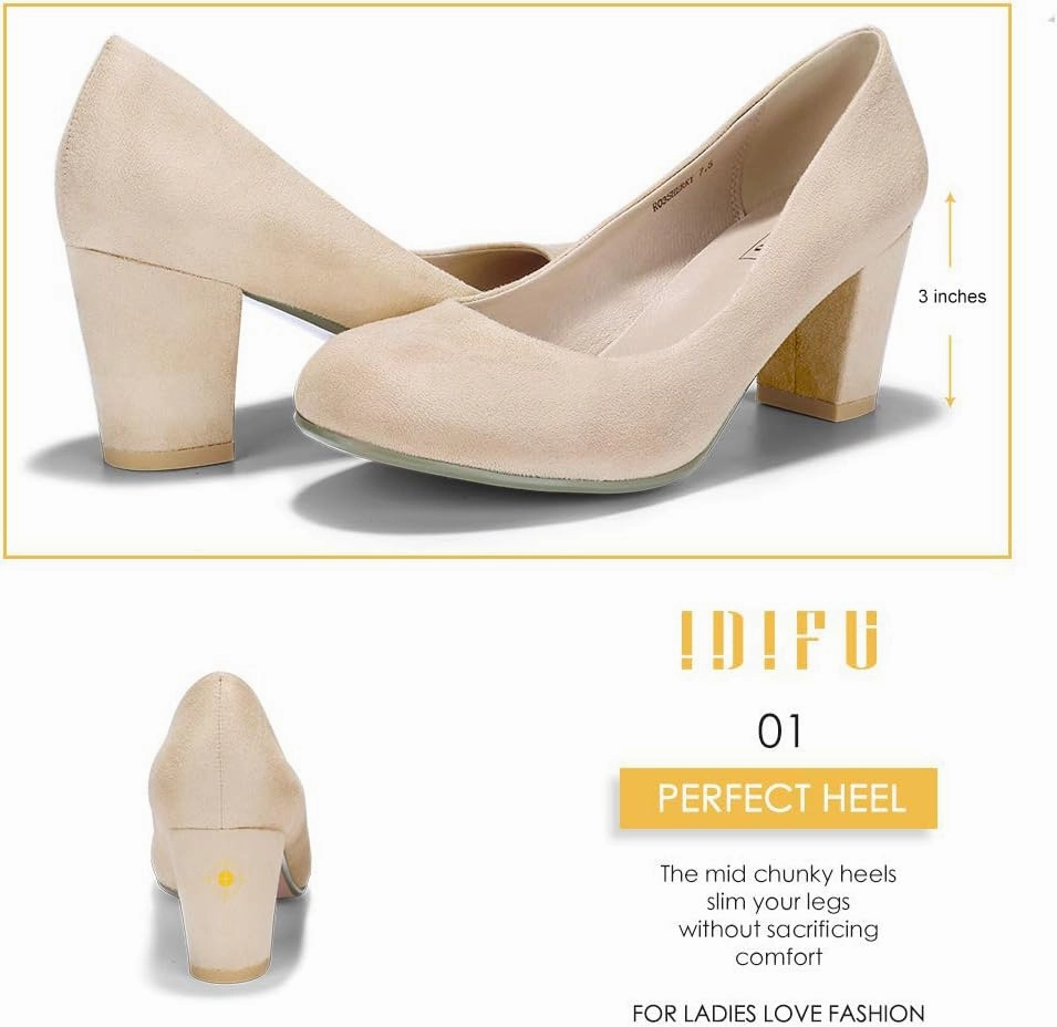 IDIFU Women's Sherry Dress Low Block Chunky Heels Pumps Closed Round Toe Shoes for Wedding Office Evening
