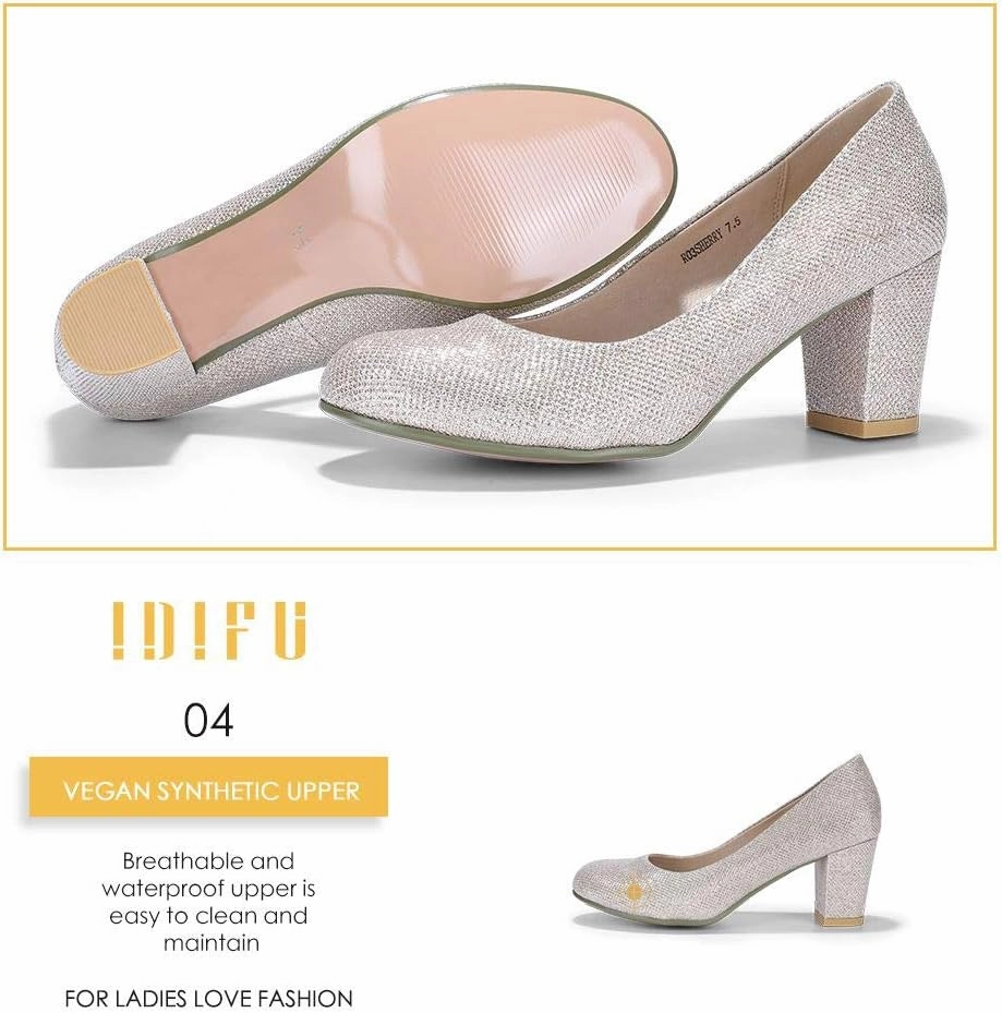 IDIFU Women's Sherry Dress Low Block Chunky Heels Pumps Closed Round Toe Shoes for Wedding Office Evening
