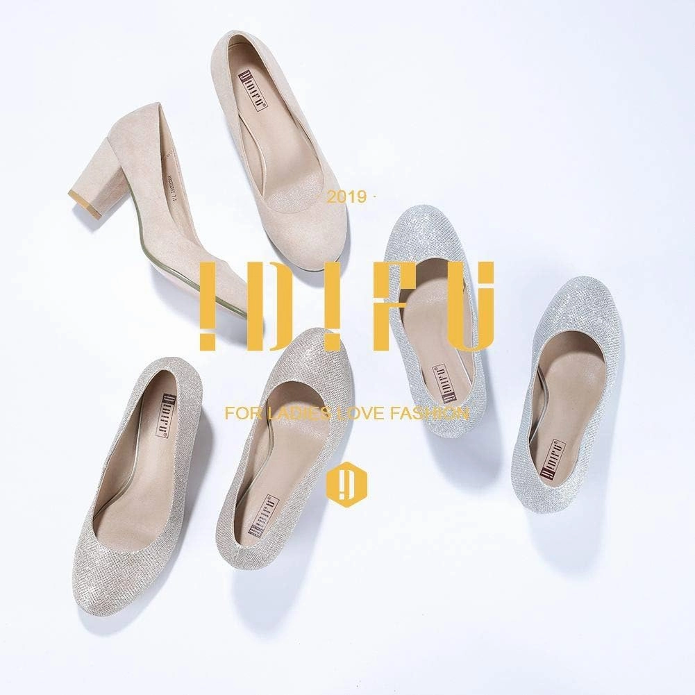 IDIFU Women's Sherry Dress Low Block Chunky Heels Pumps Closed Round Toe Shoes for Wedding Office Evening
