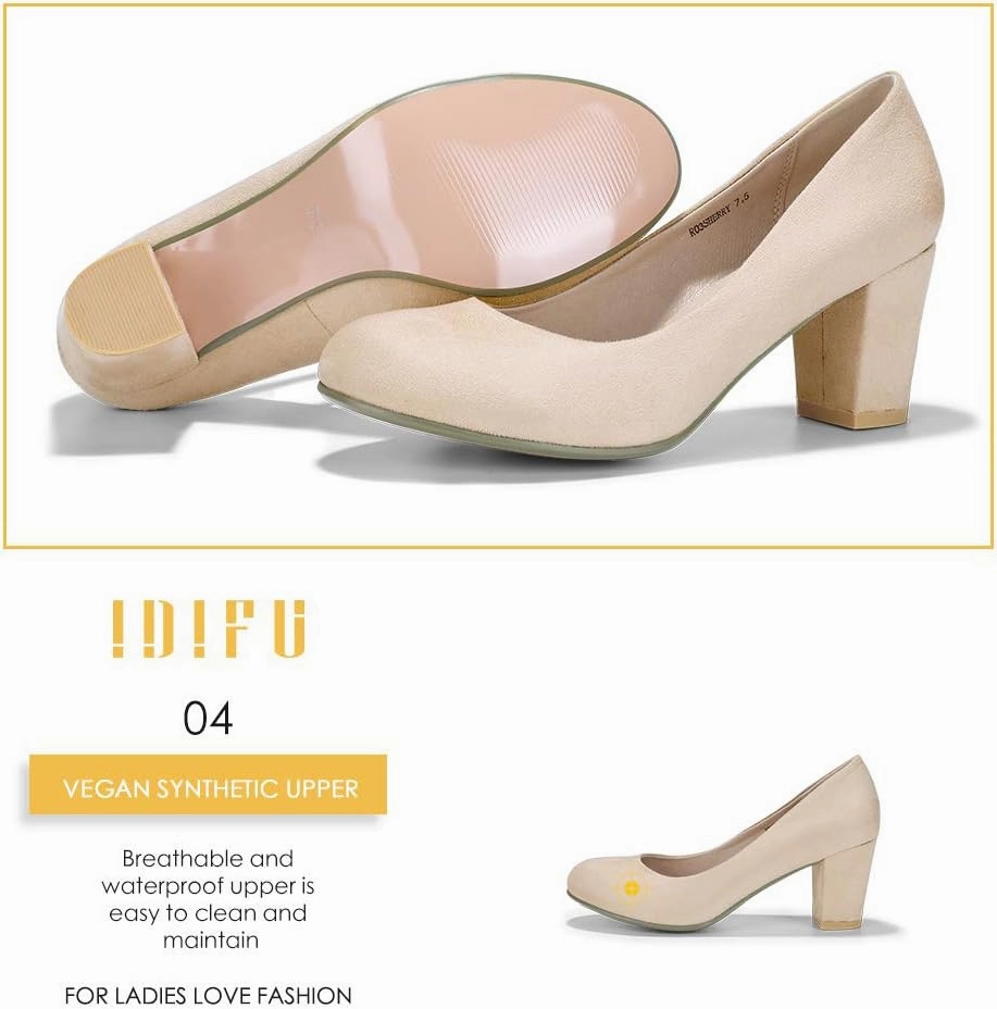 IDIFU Women's Sherry Dress Low Block Chunky Heels Pumps Closed Round Toe Shoes for Wedding Office Evening