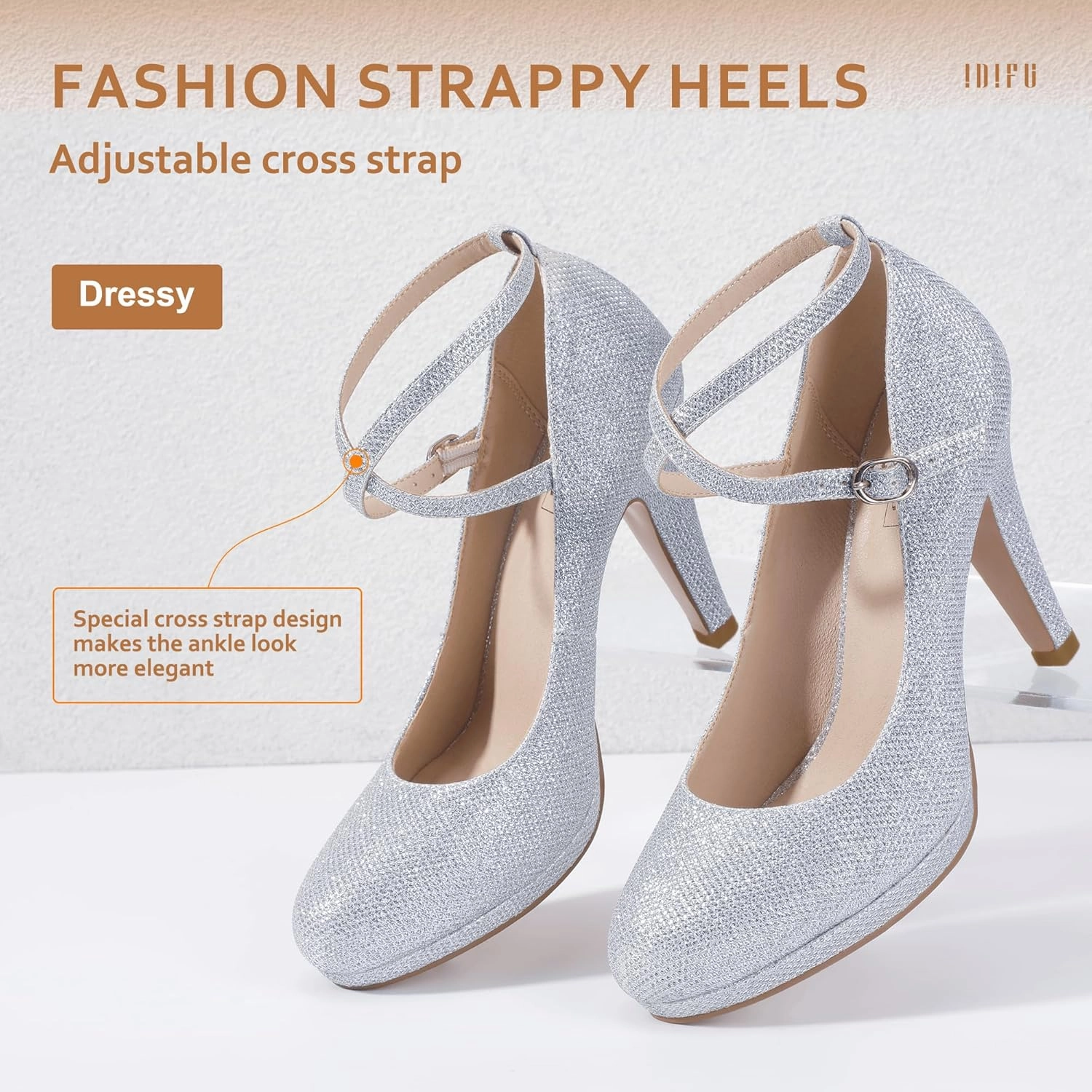 IDIFU Women's Tracy Platform High Heels Closed Toe Pumps Strappy Cross Ankle Strap Shoes for Casual Work Wedding