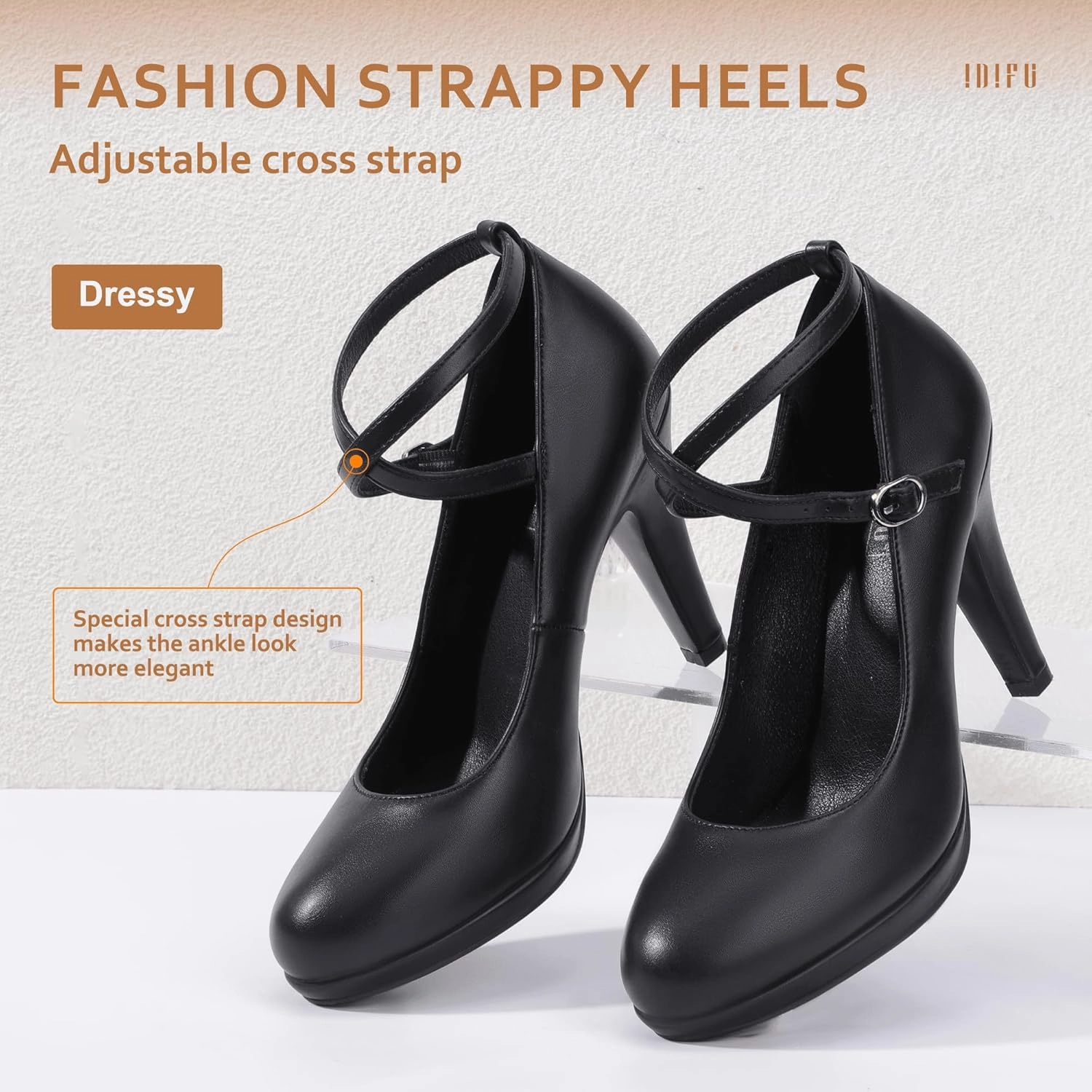 IDIFU Women's Tracy Platform High Heels Closed Toe Pumps Strappy Cross Ankle Strap Shoes for Casual Work Wedding