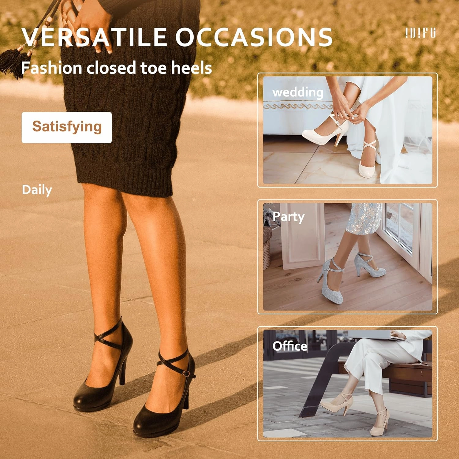 IDIFU Women's Tracy Platform High Heels Closed Toe Pumps Strappy Cross Ankle Strap Shoes for Casual Work Wedding