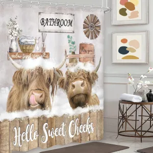 Imirell Highland Cow Shower Curtain 72Wx72H Inches Rustic Farmhouse Bull Funny Animal Bathing Wooden Board Country Western Wildlife Plant Nature Fabric Waterproof Polyester with 12 Pack Hooks Plastic