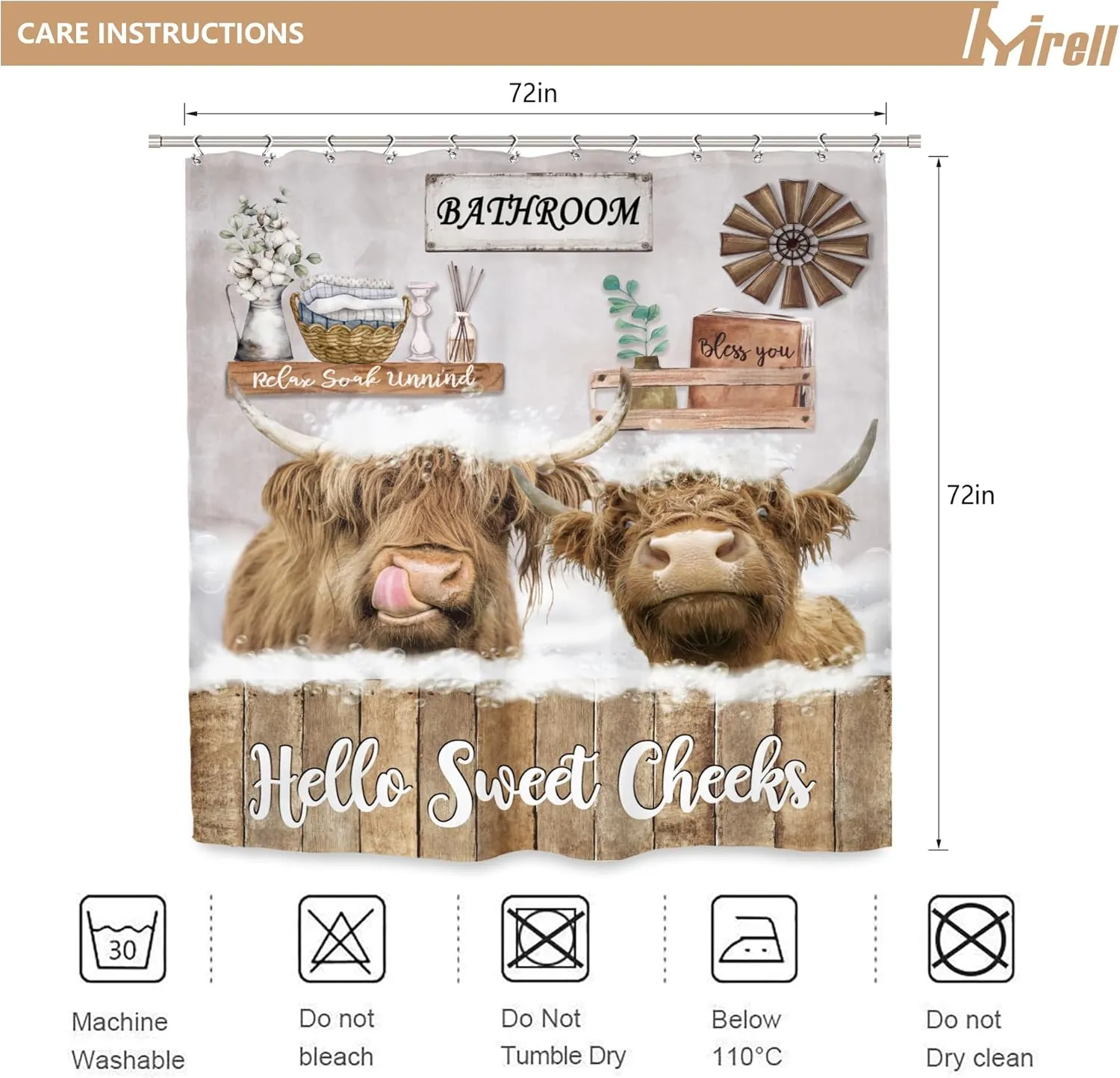 Imirell Highland Cow Shower Curtain 72Wx72H Inches Rustic Farmhouse Bull Funny Animal Bathing Wooden Board Country Western Wildlife Plant Nature Fabric Waterproof Polyester with 12 Pack Hooks Plastic