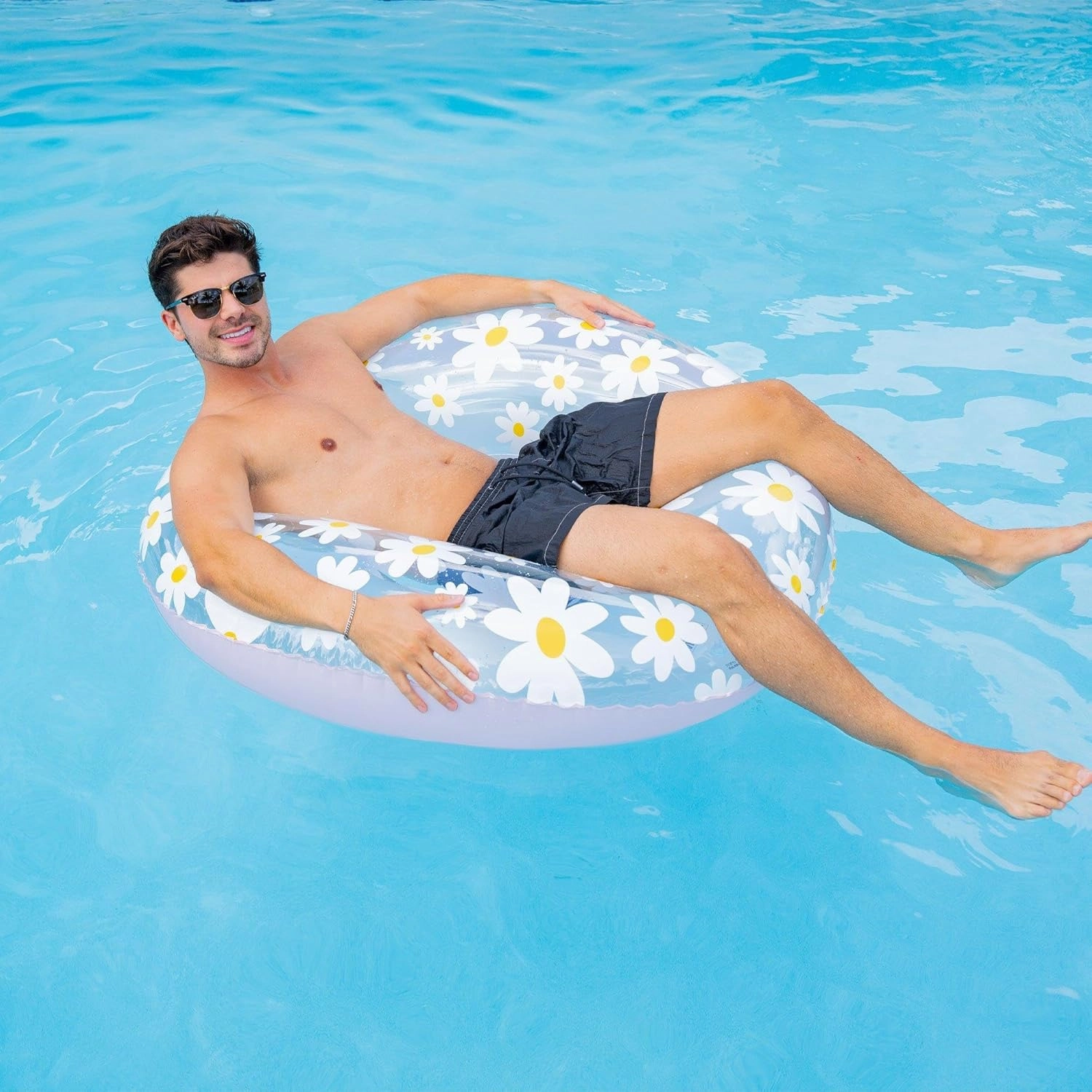 In The Swim Jumbo Daisy Inflatable Pool Tube Float – 48" Oversized Pink Swim Ring with White Daisy Print – Durable Floral Float for Adults, Teens & Pool Parties