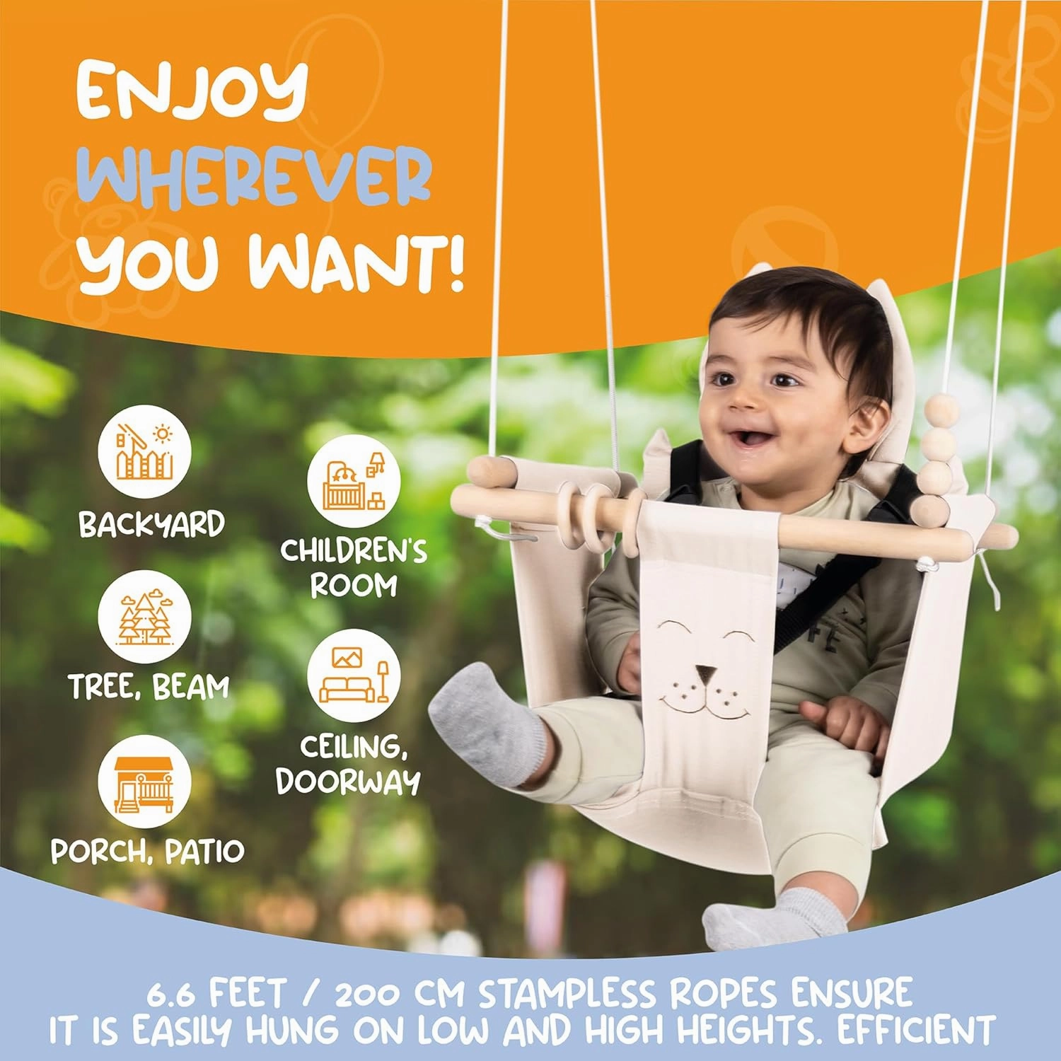 Indoor Outdoor Baby Swing with 3-Point Harness and Hardware for Ceiling, Porch, Doorway, Canvas Baby Swing Outdoor Toddler Swing Seat Beige