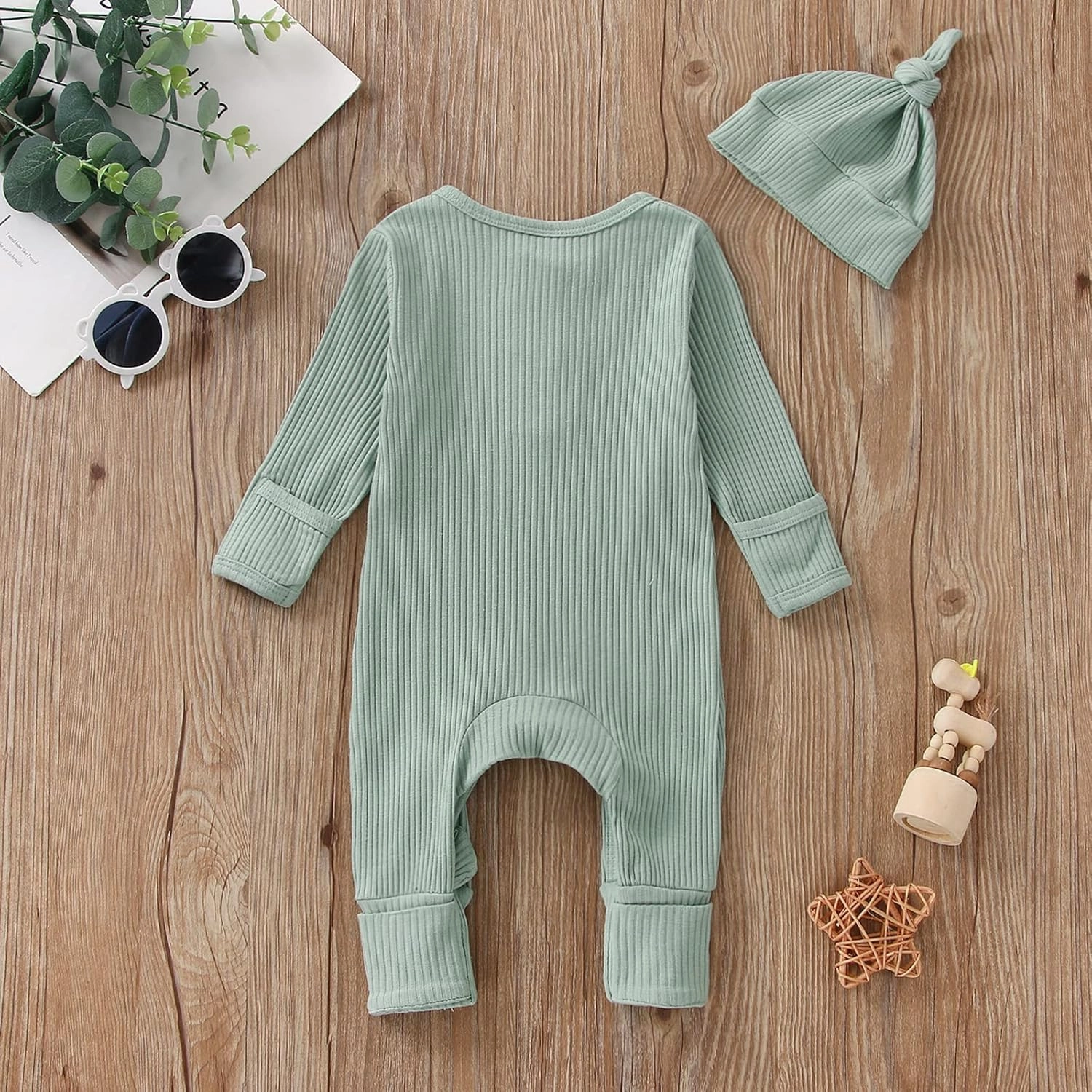 Infant Boys Girls Clothes Set Newborn Baby Romper Hat Ribbed Knit Long Sleeve Button Solid Bodysuit Jumpsuit