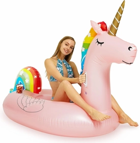 Inflatable Pink Unicorn Pool Float with Cup Holder, Large Water Pool Toys for Adults and Family, Swimming Pool Floats for Party Fun