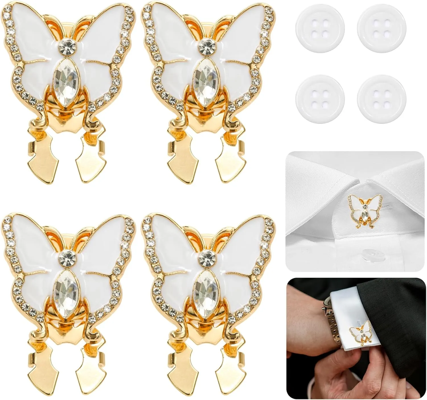 INSYOHO Rhinestone Button Covers for Women - 4 Pcs Butterfly Button Covers DIY Decorative Replacement Buttons for Blouses, Dresses | Crystal Buttons for Crafting, Sewing, Fashion Upgrades, Gold-White