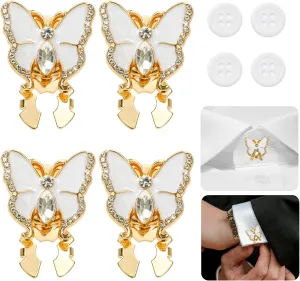 INSYOHO Rhinestone Button Covers for Women - 4 Pcs Butterfly Button Covers DIY Decorative Replacement Buttons for Blouses, Dresses | Crystal Buttons for Crafting, Sewing, Fashion Upgrades, Gold-White