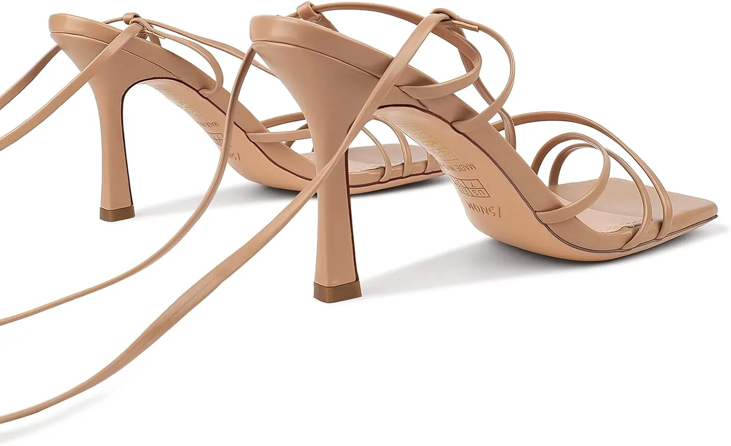 ISNOM Lace Up Heels Sandals for Women, Square Toe, Open Toe Thong, Stiletto Heels Design