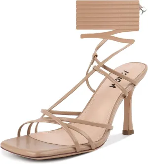 ISNOM Lace Up Heels Sandals for Women, Square Toe, Open Toe Thong, Stiletto Heels Design