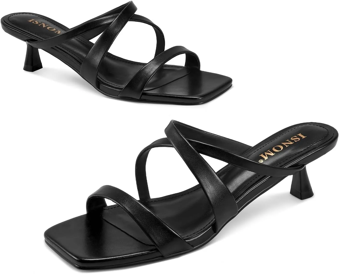 ISNOM Nude Strappy Heels for Women Nude Kitten Heeled Sandals Slip On Square Toe Open Toe Heels