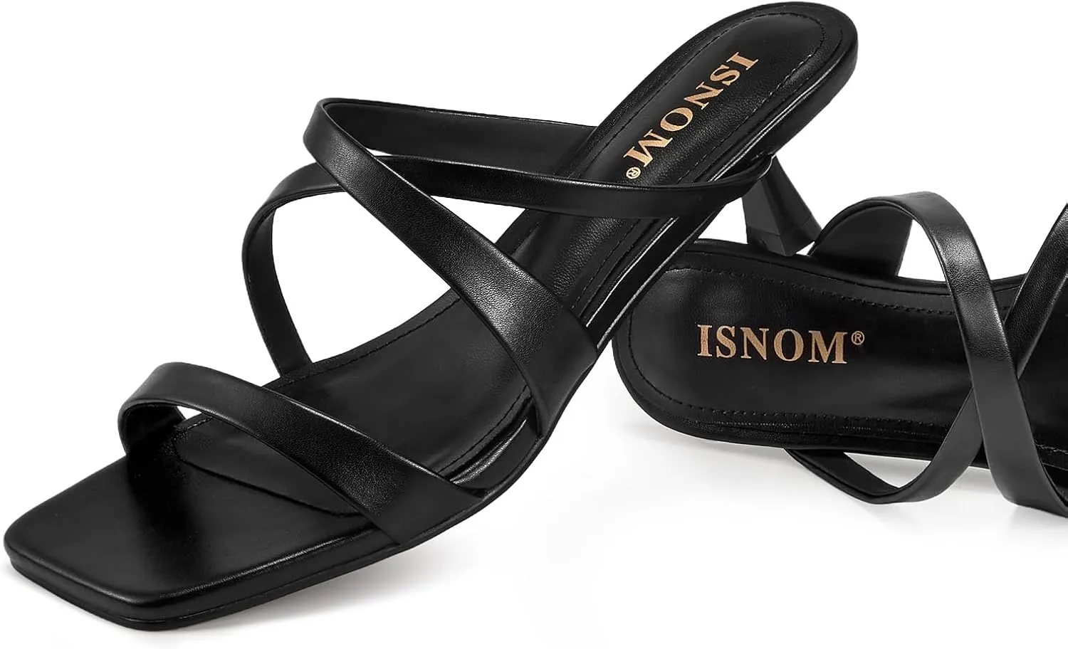 ISNOM Nude Strappy Heels for Women Nude Kitten Heeled Sandals Slip On Square Toe Open Toe Heels