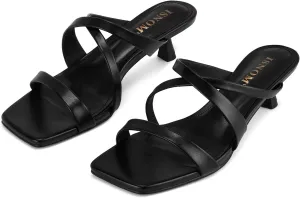 ISNOM Nude Strappy Heels for Women Nude Kitten Heeled Sandals Slip On Square Toe Open Toe Heels