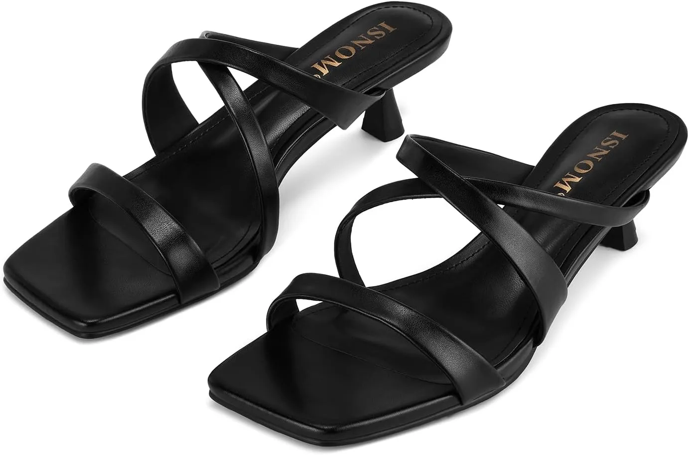 ISNOM Nude Strappy Heels for Women Nude Kitten Heeled Sandals Slip On Square Toe Open Toe Heels