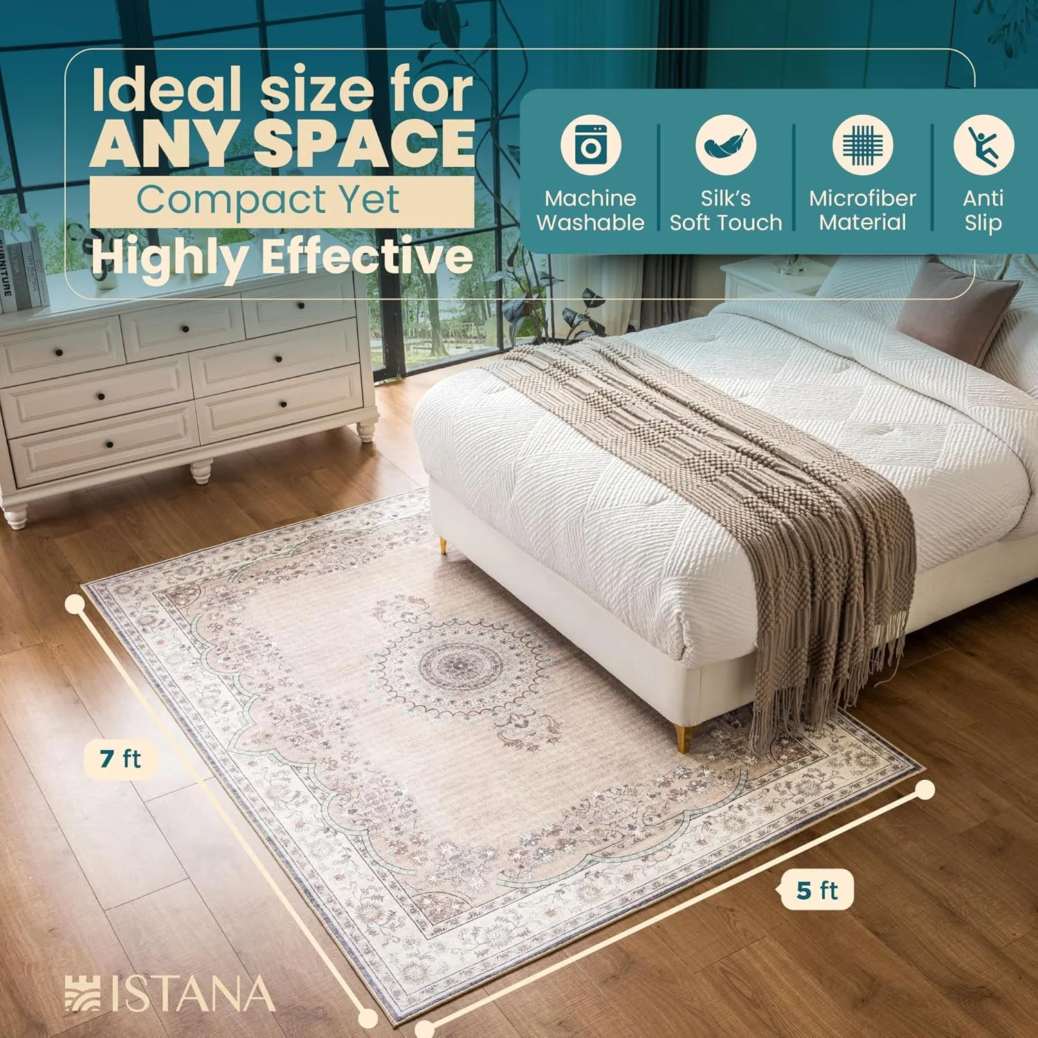 Istana 5 X 7 Rugs - Beige Area Rug - Kid & Pet Friendly Washable Rugs 5x7 - Non Shedding Area Rugs for Living Room - Foldable Rug Area Rug - Eco-Friendly Materials for Living Room Rug