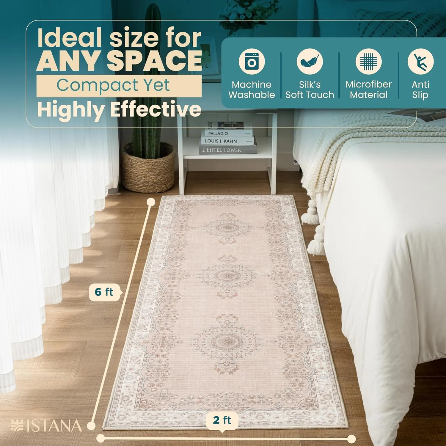 Istana Hallway Runner Rug 2x6 - Beige Kitchen Rugs Non Slip Washable -Silk's Soft Touch Carpet Runner - Stylish Rug for Home
