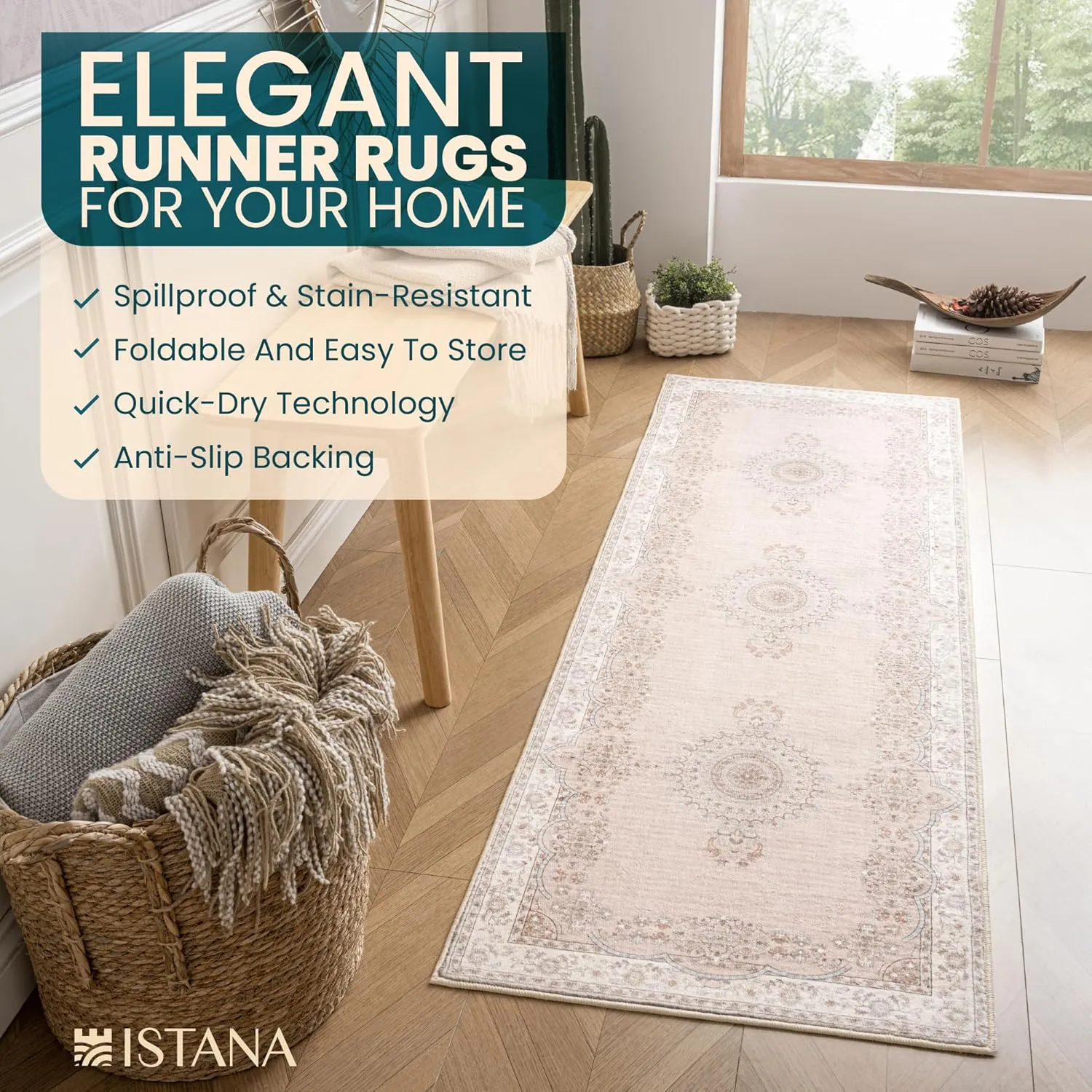 Istana Hallway Runner Rug 2x6 - Beige Kitchen Rugs Non Slip Washable -Silk's Soft Touch Carpet Runner - Stylish Rug for Home