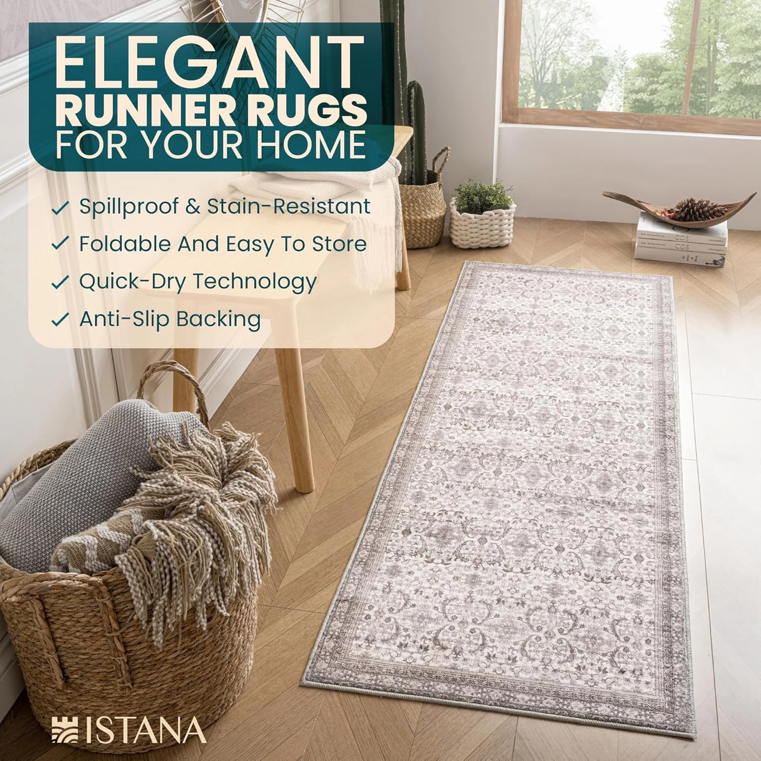 Istana Hallway Runner Rug 2x6 - Beige Grey/Light Cream Kitchen Rugs Non Slip Washable -Silk's Soft Touch Carpet Runner - Stylish Rug for Home