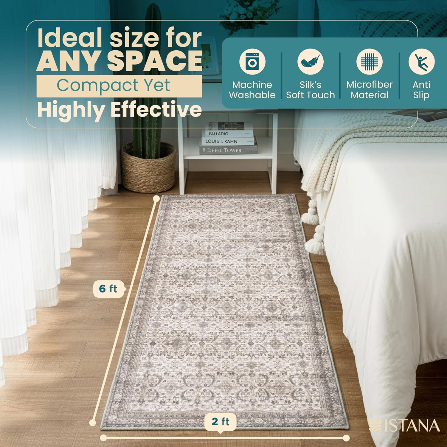 Istana Hallway Runner Rug 2x6 - Beige Grey/Light Cream Kitchen Rugs Non Slip Washable -Silk's Soft Touch Carpet Runner - Stylish Rug for Home