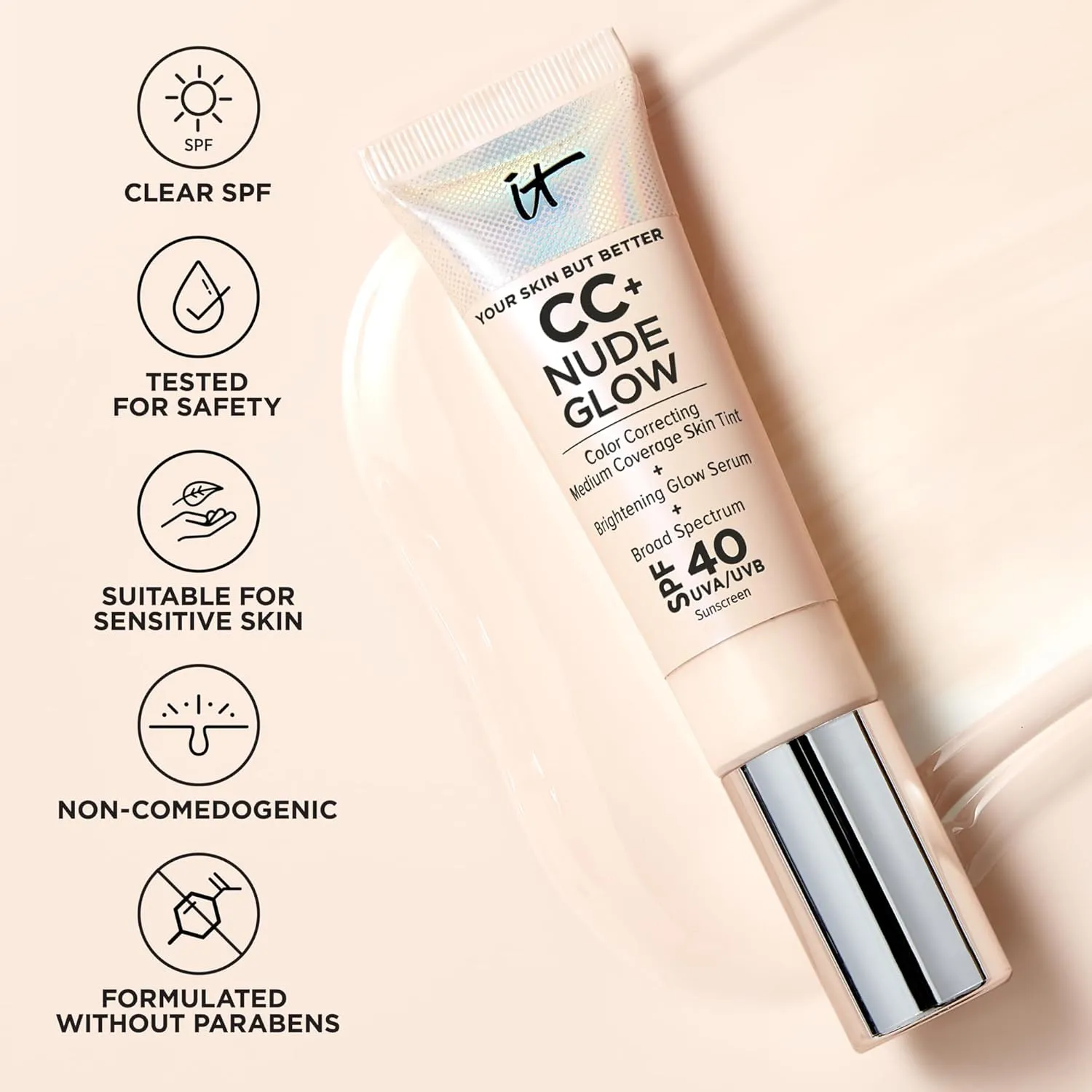 IT Cosmetics CC  Nude Glow - Lightweight Foundation & Brightening Glow Serum with SPF 40, Medium Coverage, Formulated With Niacinamide & Hyaluronic Acid, For All Skin Types, 1.08 fl oz