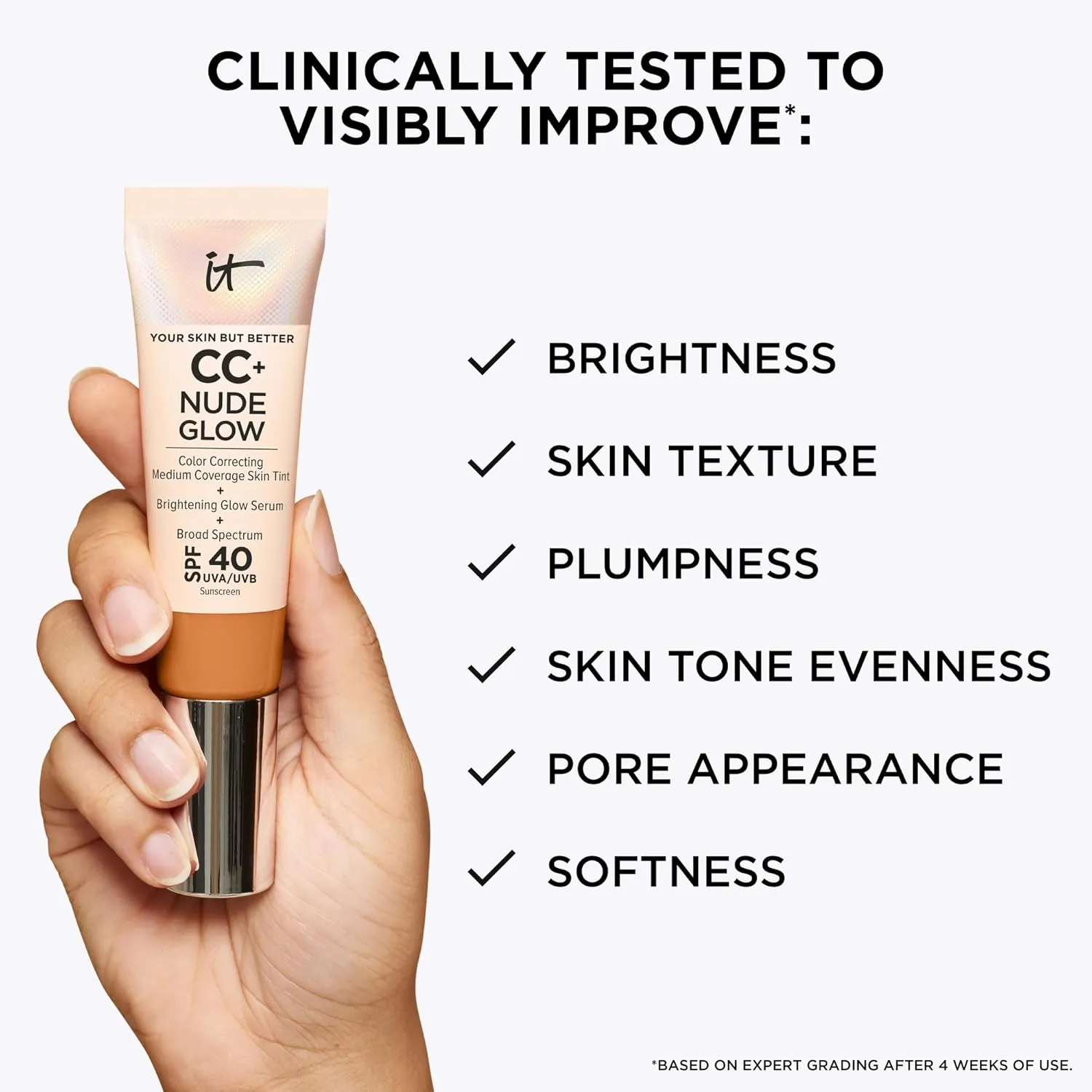 IT Cosmetics CC  Nude Glow - Lightweight Foundation & Brightening Glow Serum with SPF 40, Medium Coverage, Formulated With Niacinamide & Hyaluronic Acid, For All Skin Types, 1.08 fl oz