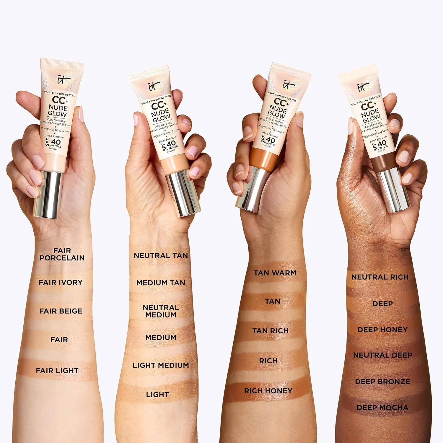 IT Cosmetics CC  Nude Glow - Lightweight Foundation & Brightening Glow Serum with SPF 40, Medium Coverage, Formulated With Niacinamide & Hyaluronic Acid, For All Skin Types, 1.08 fl oz