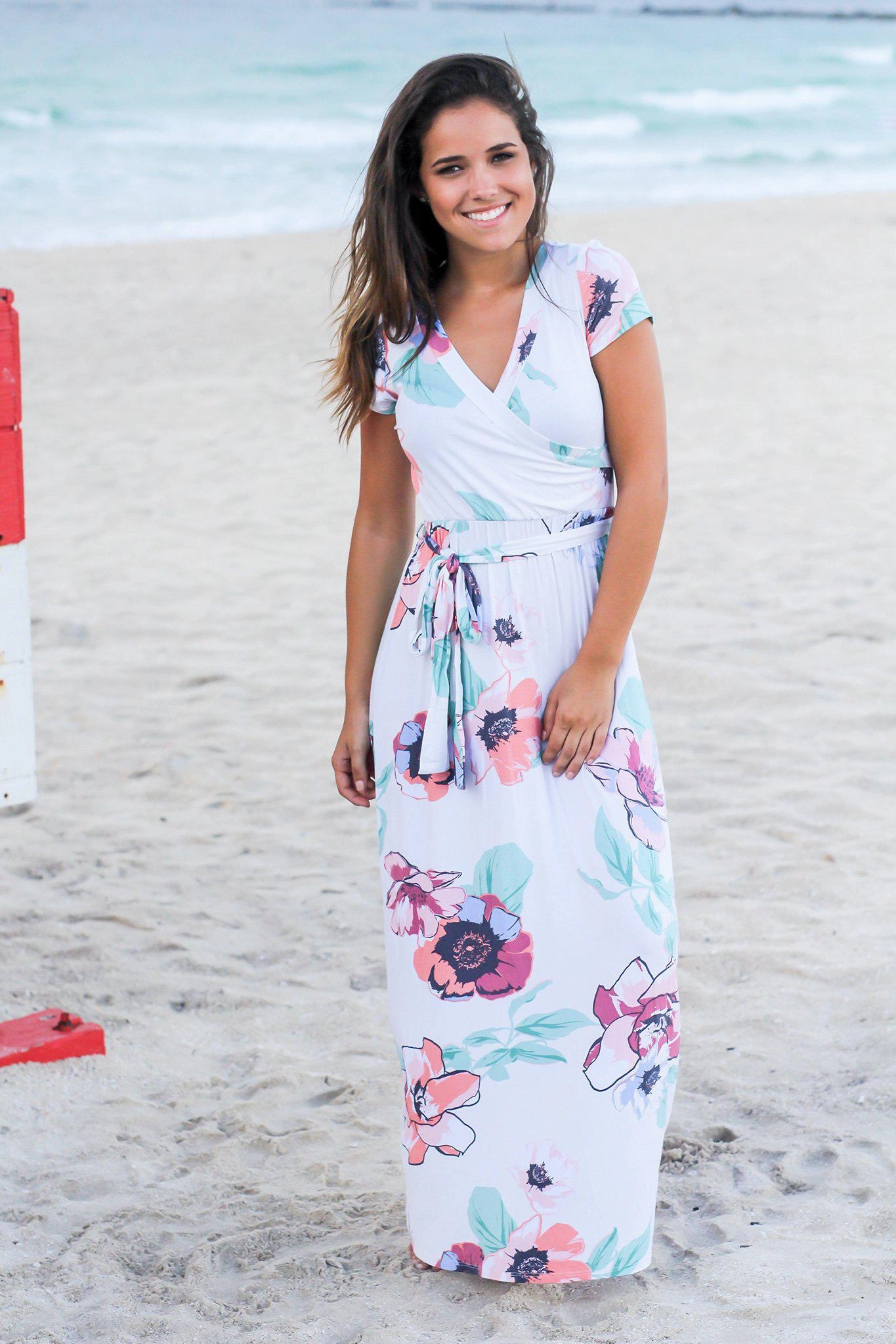 Ivory and Blush Floral Wrap Maxi Dress with Short Sleeves