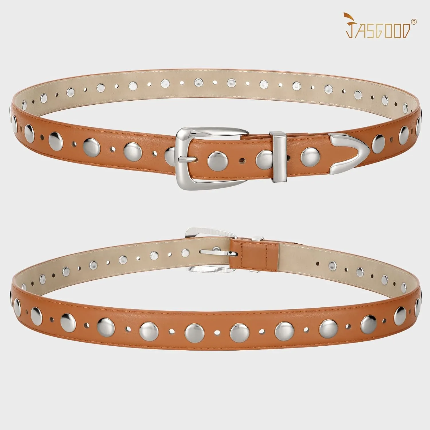 JASGOOD Women Leather Belt Fashion Studded Belt Ladies Punk Belt Vintage Leather Belt for Jeans Dress