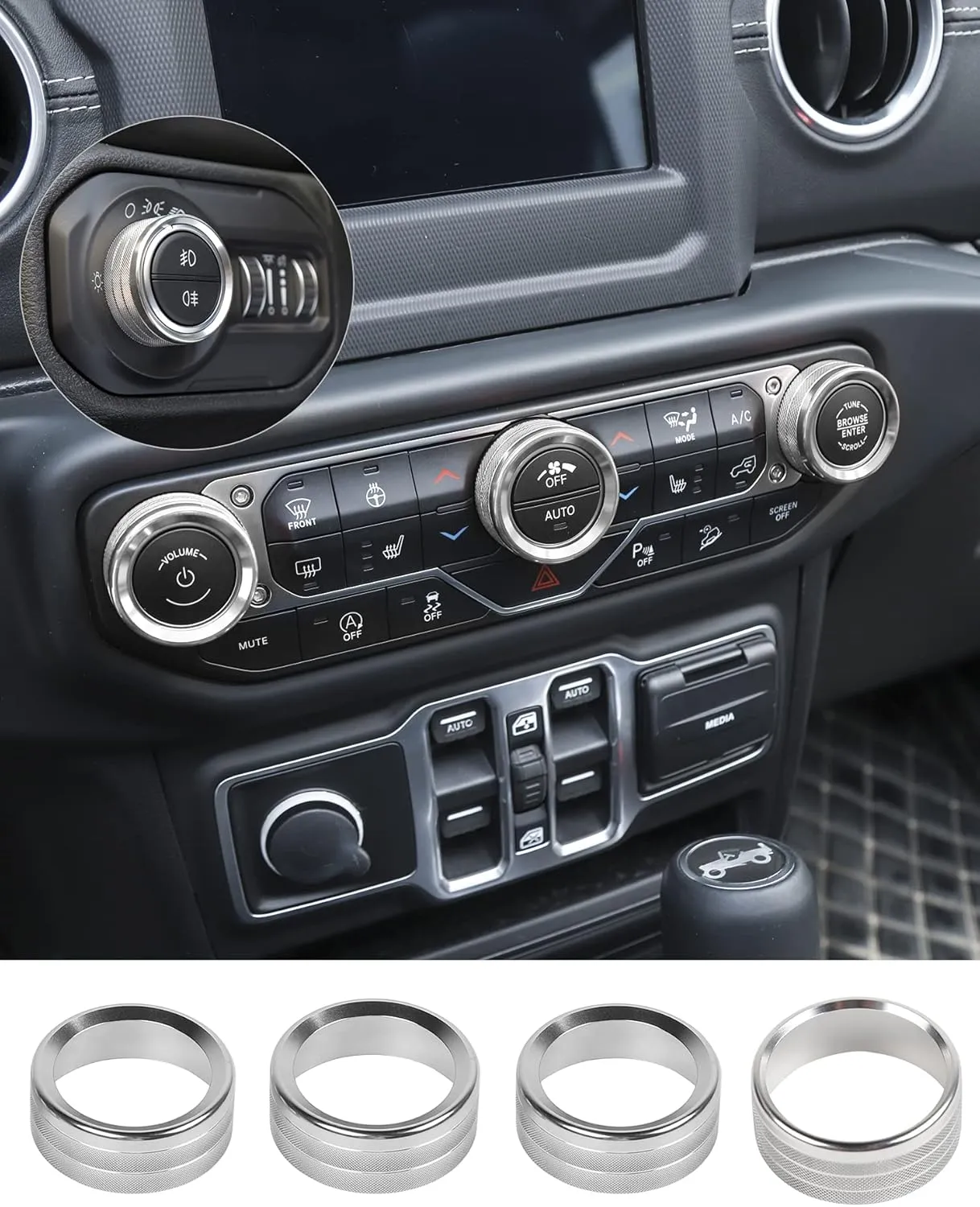 JeCar Air Conditioner Switch Knob Cover & Headlight Knob Cover Aluminum Alloy AC Button Trims Compatible with Jeep Wrangler 2018-2023 JL JLU & 2020-2023 Gladiator (Silver)