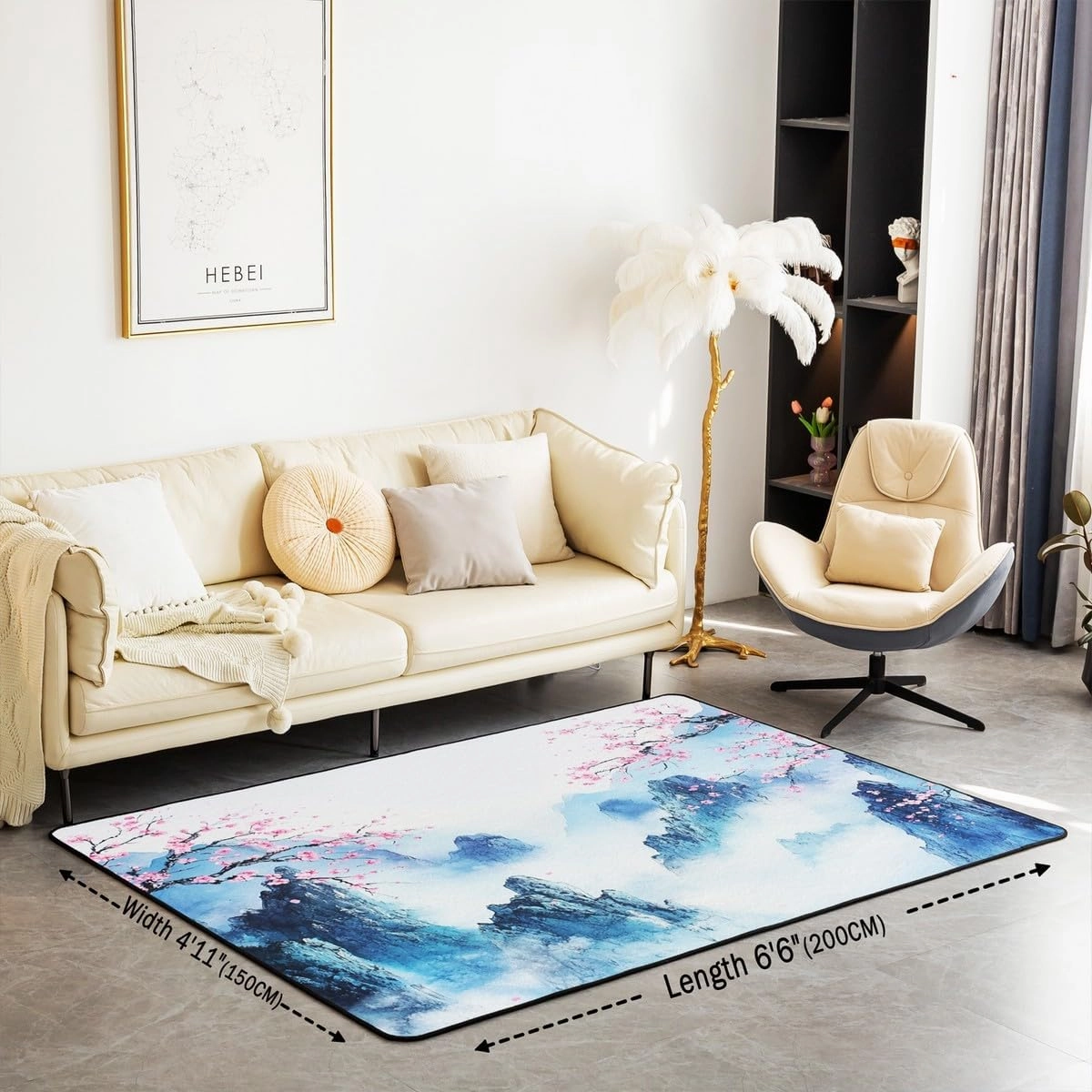 jejeloiu Blue Mountain Area Rug 5x7 Kids Pink Cherry Blossoms Living Room Rugs for Bedroom for Boys Girls Teens Trees Natural Scenery Art Decorative Carpet Non-Slip Foggy Scenic Indoor Floor Mat