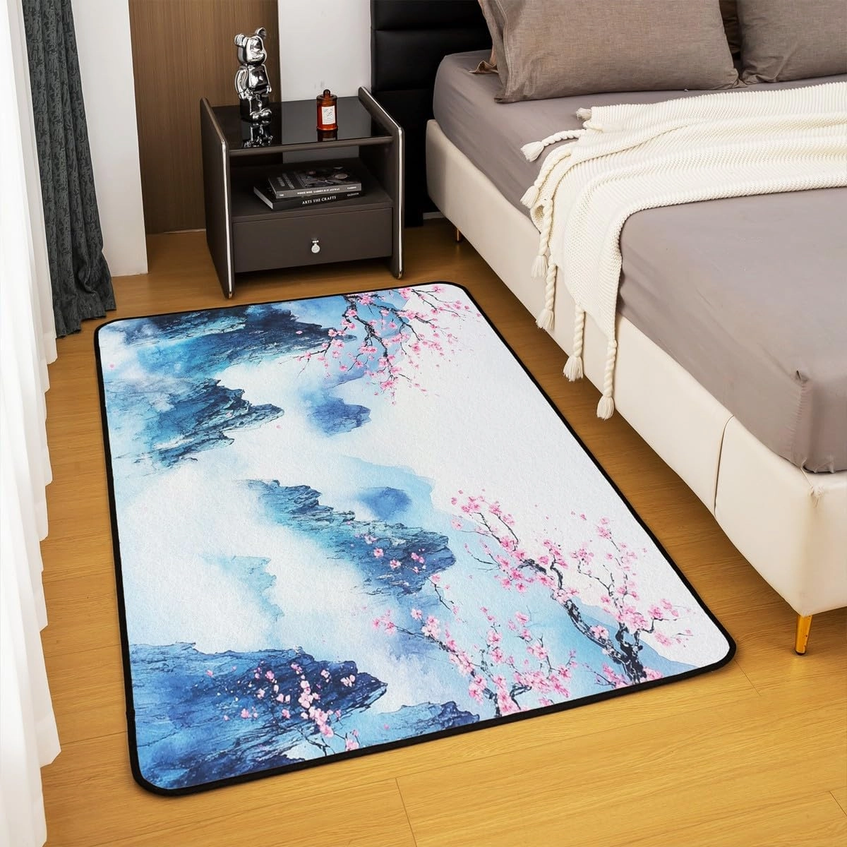 jejeloiu Blue Mountain Area Rug 5x7 Kids Pink Cherry Blossoms Living Room Rugs for Bedroom for Boys Girls Teens Trees Natural Scenery Art Decorative Carpet Non-Slip Foggy Scenic Indoor Floor Mat