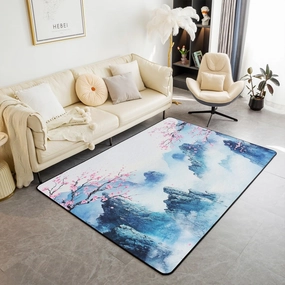 jejeloiu Blue Mountain Area Rug 5x7 Kids Pink Cherry Blossoms Living Room Rugs for Bedroom for Boys Girls Teens Trees Natural Scenery Art Decorative Carpet Non-Slip Foggy Scenic Indoor Floor Mat