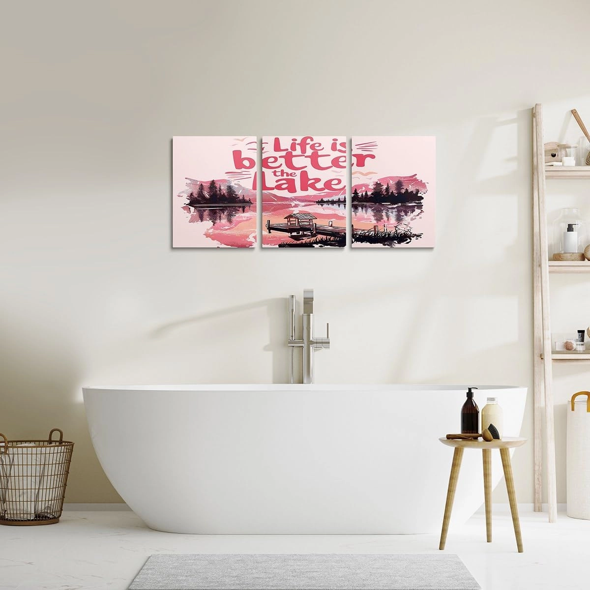jejeloiu Pink Lake 3 Pieces Canvas Wall Art for Living Room Bedroom 12"x16"x3pcs Kids Lakeside Fishing Picture Wall Decor for Home Bathroom Cabin Mountain Office Artwork Posters Tree Painting