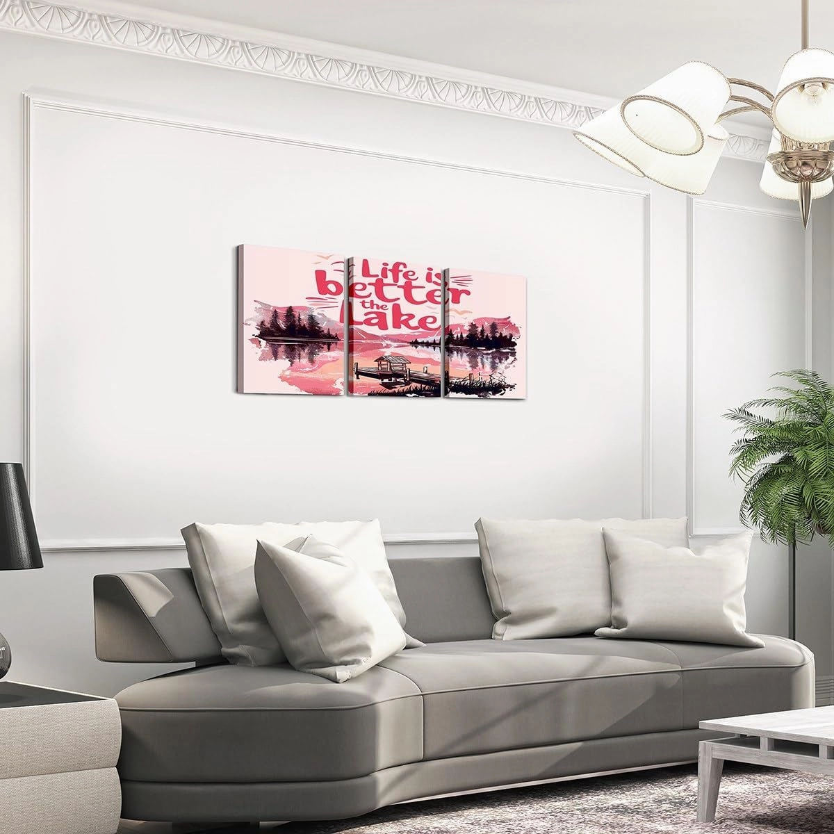 jejeloiu Pink Lake 3 Pieces Canvas Wall Art for Living Room Bedroom 12"x16"x3pcs Kids Lakeside Fishing Picture Wall Decor for Home Bathroom Cabin Mountain Office Artwork Posters Tree Painting