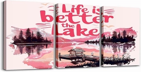 jejeloiu Pink Lake 3 Pieces Canvas Wall Art for Living Room Bedroom 12"x16"x3pcs Kids Lakeside Fishing Picture Wall Decor for Home Bathroom Cabin Mountain Office Artwork Posters Tree Painting