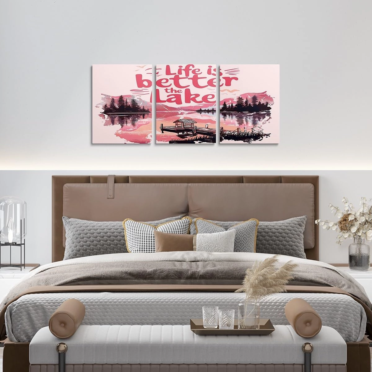 jejeloiu Pink Lake 3 Pieces Canvas Wall Art for Living Room Bedroom 12"x16"x3pcs Kids Lakeside Fishing Picture Wall Decor for Home Bathroom Cabin Mountain Office Artwork Posters Tree Painting