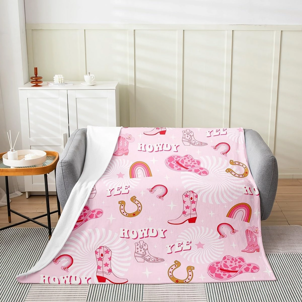 jejeloiu Pink Western Cowboy Flannel Fleece Throw Blanket Throw 50''x60'' Rainbow Plush Blanket for Boys Girls Teens Western Decor Stars Fuzzy Blanket Super Soft All Season Bed Blanket Room Decor