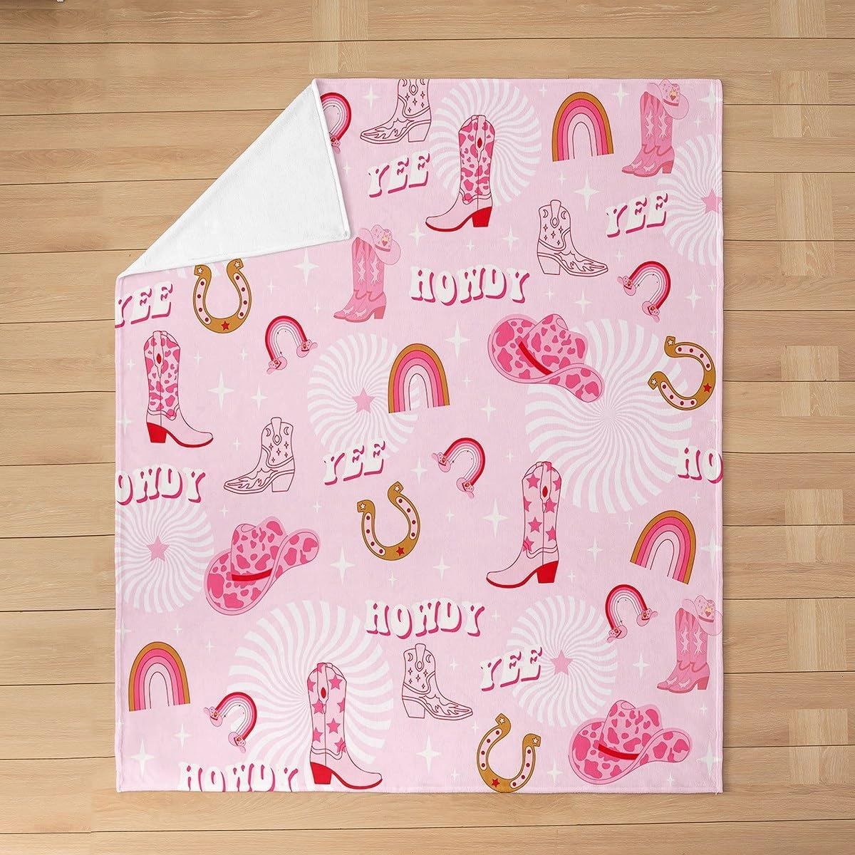 jejeloiu Pink Western Cowboy Flannel Fleece Throw Blanket Throw 50''x60'' Rainbow Plush Blanket for Boys Girls Teens Western Decor Stars Fuzzy Blanket Super Soft All Season Bed Blanket Room Decor
