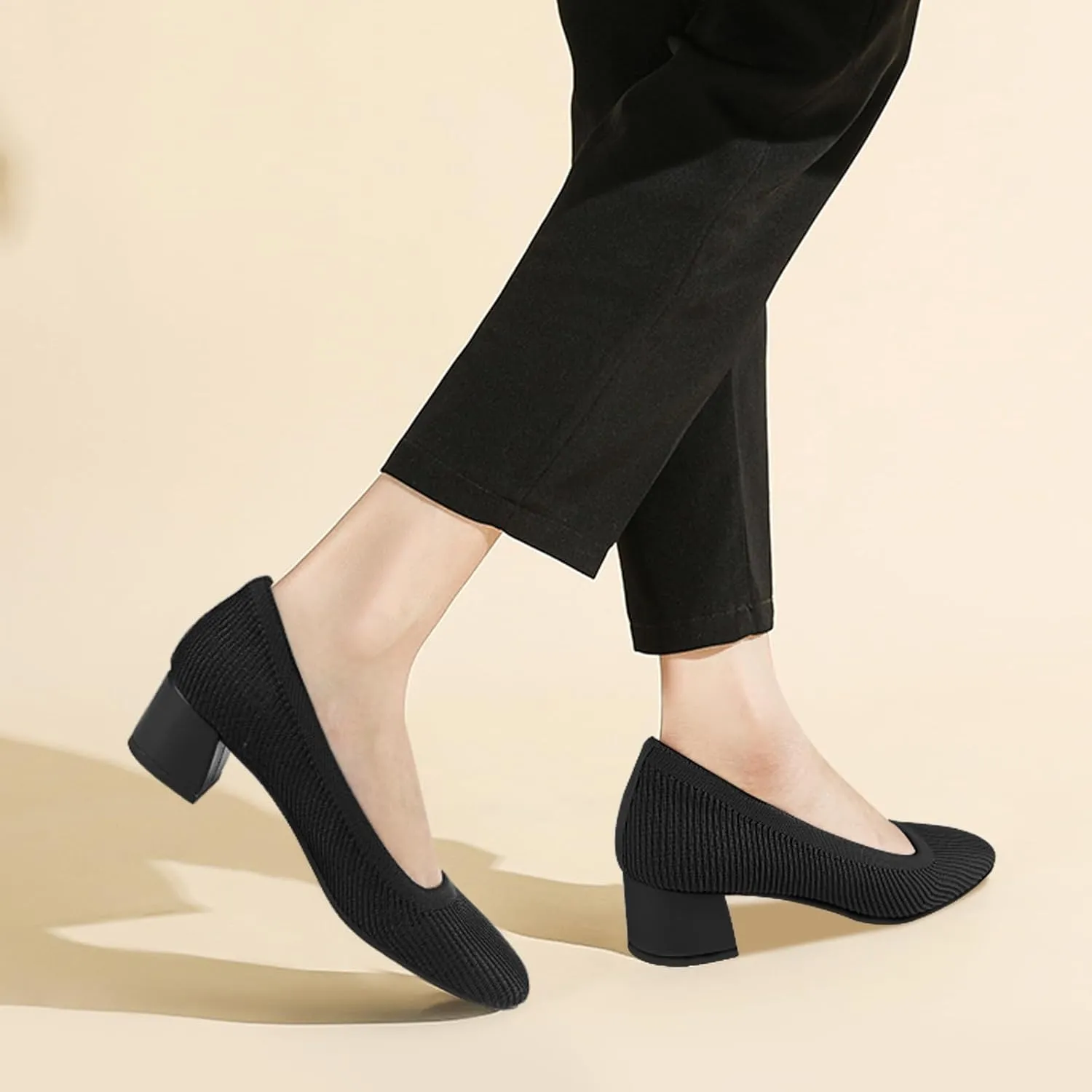 JENN ARDOR Low Chunky Heels Dress Shoes for Women Comfortable Knit Block Heeled Pumps Square Closed Toe Dressy Casual Wedding Party Prom Office Work Slip on Shoes