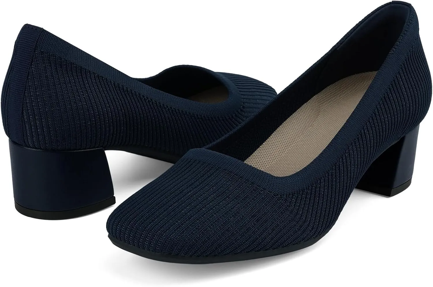 JENN ARDOR Low Chunky Heels Dress Shoes for Women Comfortable Knit Block Heeled Pumps Square Closed Toe Dressy Casual Wedding Party Prom Office Work Slip on Shoes